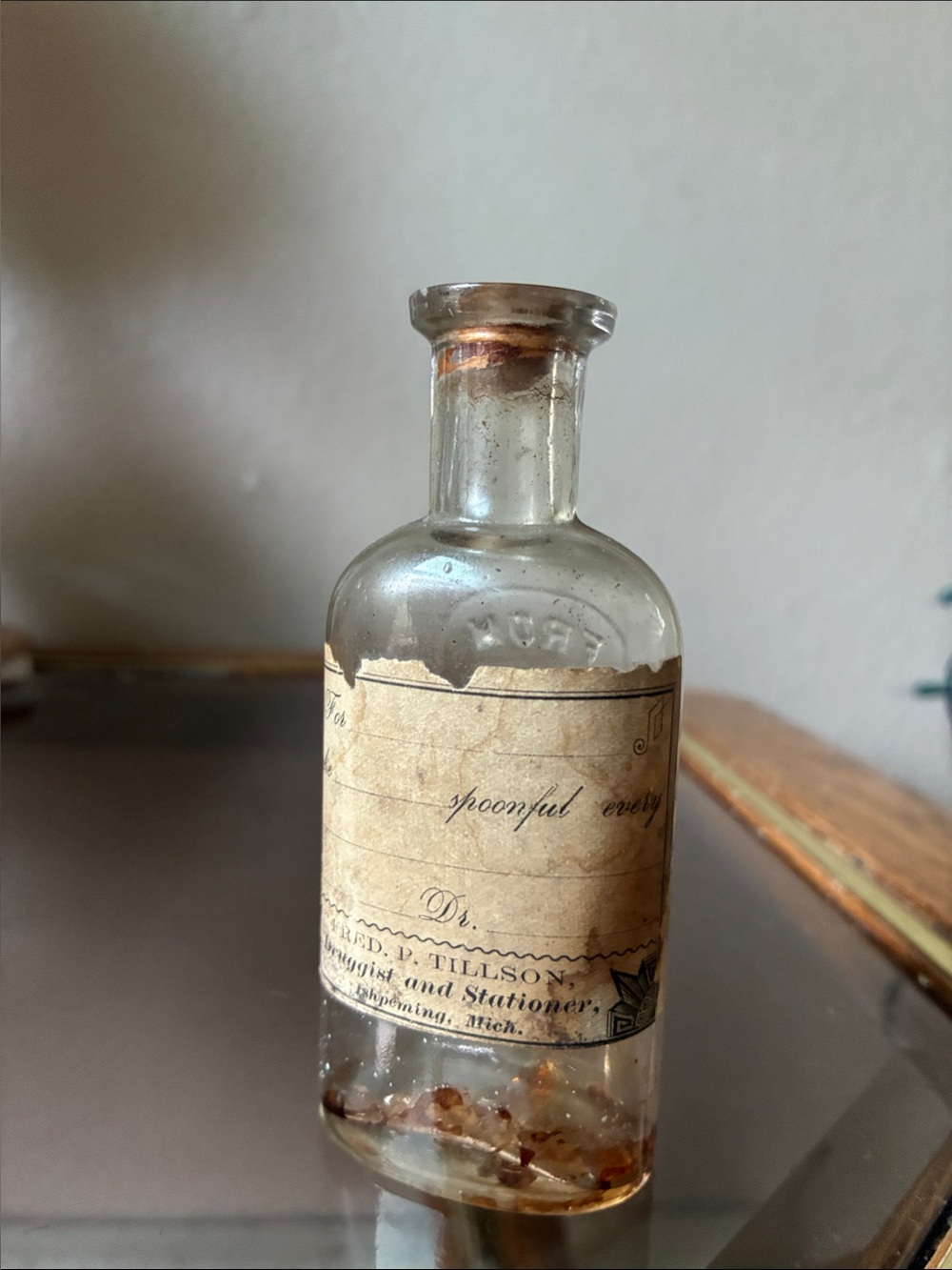 Victorian Era Antique Clear Glass Apothecary Bottle with Paper Label